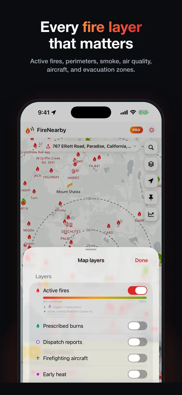 Map layers: active fires, perimeters, smoke, air quality, aircraft, evacuation zones