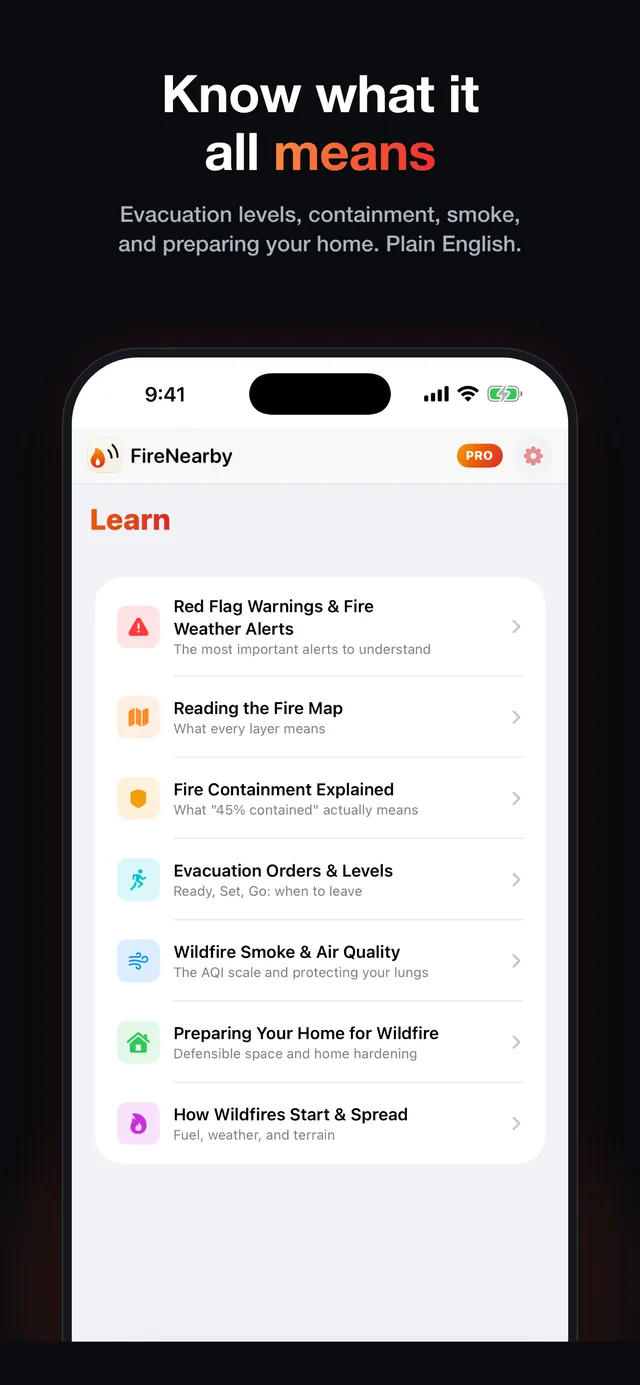 Plain-English guides to evacuation levels, containment, and smoke